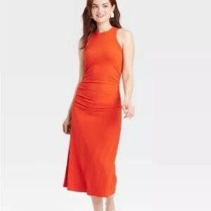 A New Day Orange Ruched Halter Sheath Dress